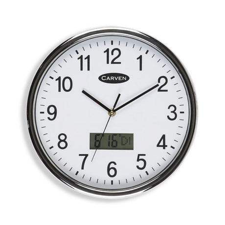 White round wall clock with silver frame, LCD date, large numbers, 285mm, stylish for home or office decor.