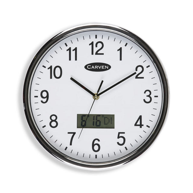 White round wall clock with silver frame, LCD date, large numbers, 285mm, stylish for home or office decor.