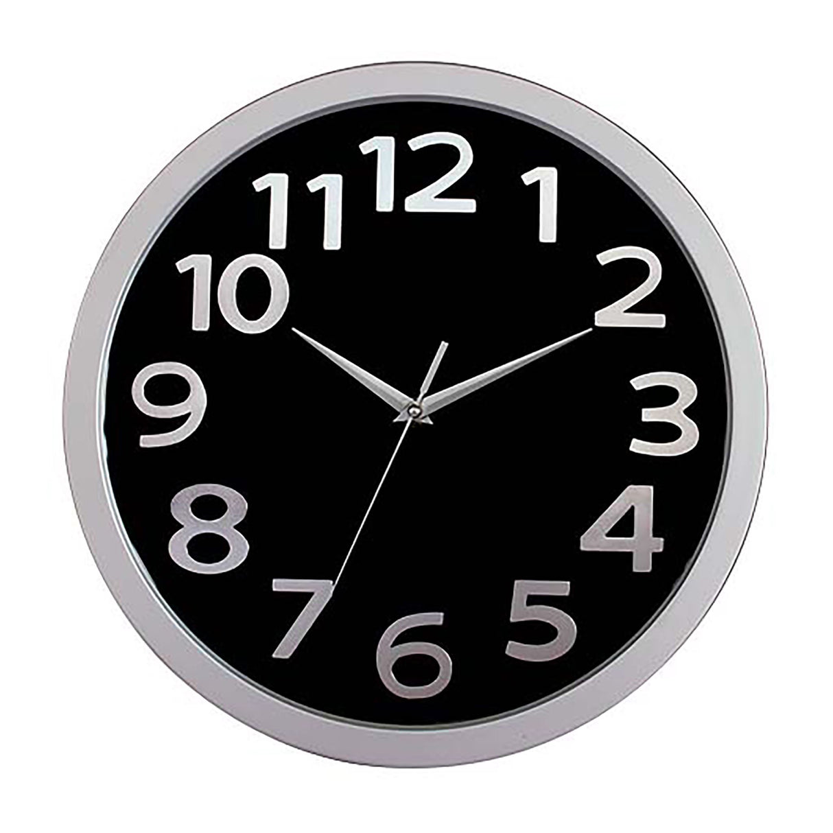 Carven Clock with black face and silver numbers, 330mm, stylish wall-mounted design with silent sweeping second hand.