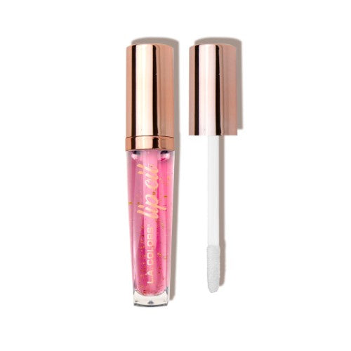 LA Colors Sweetie Candy Nourishing Lip Oil in a sleek tube, featuring gold flakes for shimmer and a sweet candy scent.
