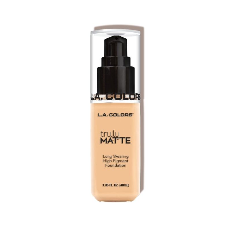 LA Colors Truly Matte Foundation in Porcelain offering high-pigment, full-coverage, matte finish for a flawless complexion.