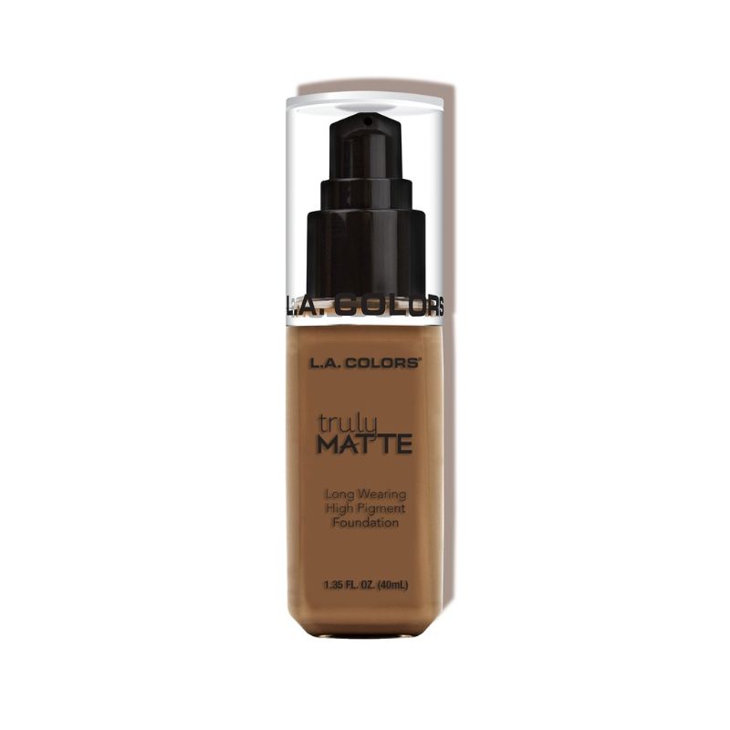 LA Colors Truly Matte Foundation in Cappuccino, high-pigment, long-wearing liquid transforming to a matte finish.
