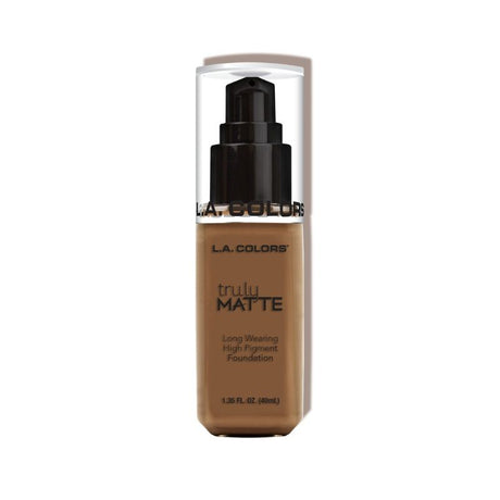 LA Colors Truly Matte Foundation in Cappuccino, high-pigment, long-wearing liquid transforming to a matte finish.