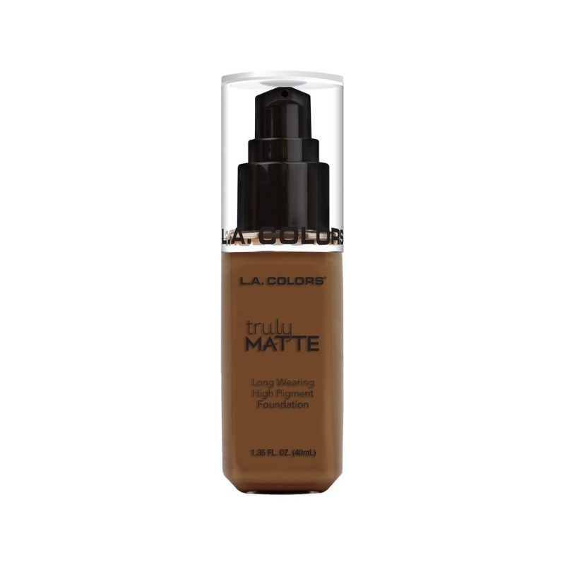 LA Colors Truly Matte Foundation in Mahogany offers high pigment, matte coverage, suitable for oily and combination skin.
