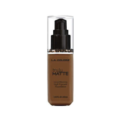 LA Colors Truly Matte Foundation in Mahogany offers high pigment, matte coverage, suitable for oily and combination skin.