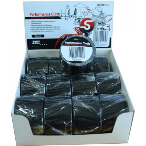 Black Tape Cloth Display Box with 12 rolls, 36mm x 5m, durable, versatile for crafts and repairs.