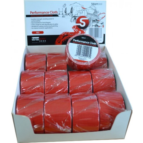 Red cloth tape display box with 12 pieces, 36mm x 5m, ideal for crafting, repairs, and bundling with strong adhesive.