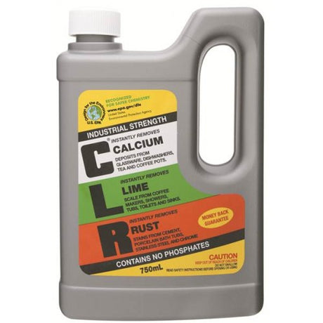 CLR Calcium Lime & Rust Remover 750ml bottle for removing tough mineral deposits and rust stains effectively.