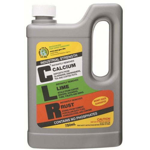CLR Calcium Lime & Rust Remover 750ml bottle for removing tough mineral deposits and rust stains effectively.