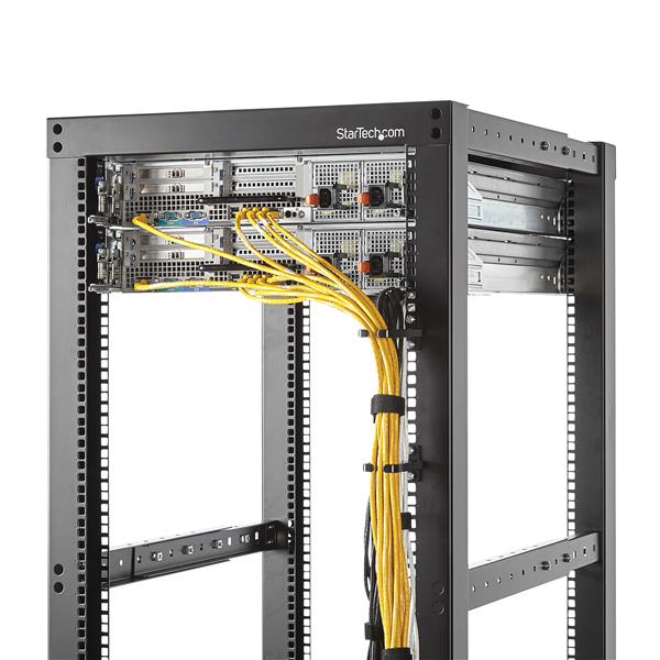 1U vertical D-Ring cable management hook in durable steel for organized server racks and efficient airflow.