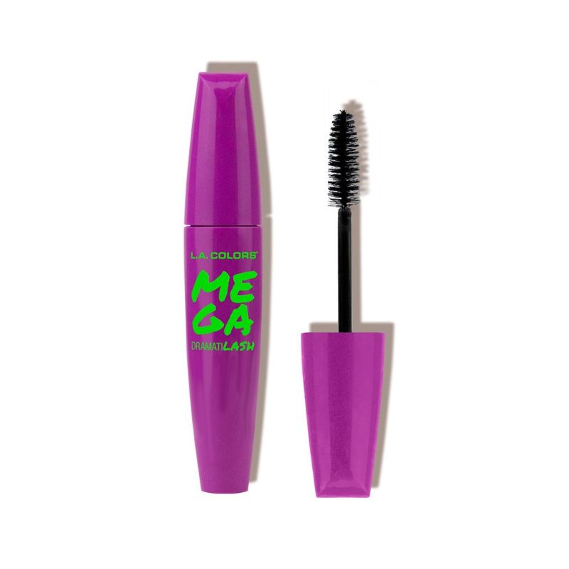 LA Colors Mega Dramatilash mascara with dual-sided brush for plumping and lengthening lashes in intense black.