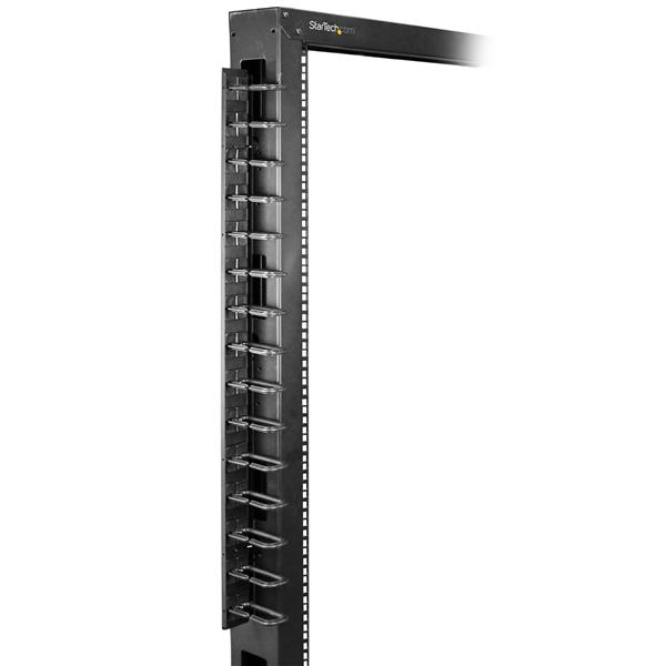Vertical cable organizer with D-Ring hooks for server racks, measuring 91 cm, enhances cable management and airflow.