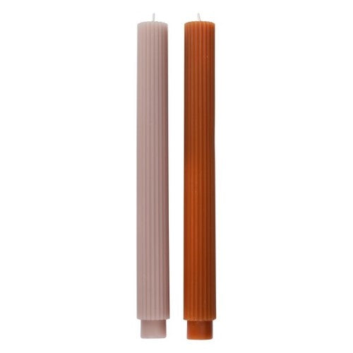 Two elegant 27cm tall non-scented ribbed dinner candles in warm copper tones for festive dining ambiance.