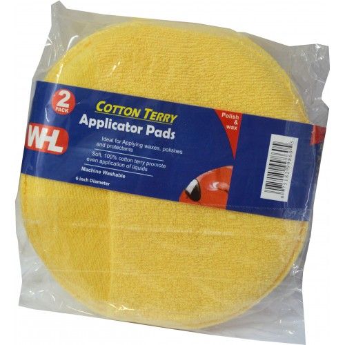 Two 150mm Cotton Terry Applicator Pads for even polishing of wax and sealants, reusable and soft for a flawless finish.