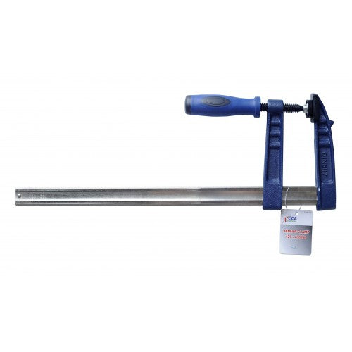 Veneer Cramps Xcel 120x400mm: robust F-clamp with ergonomic grip for secure and precise woodworking.