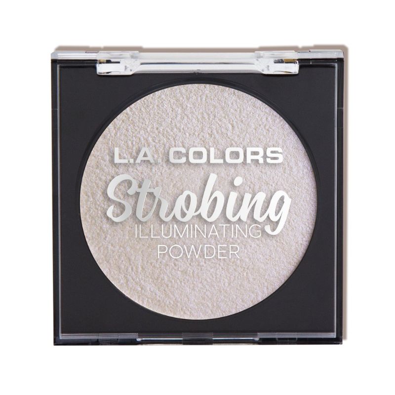 LA Colors Strobing Powder in Iridescent Pearl, a velvety baked highlighter for a radiant glow, in a sleek compact with applicator.