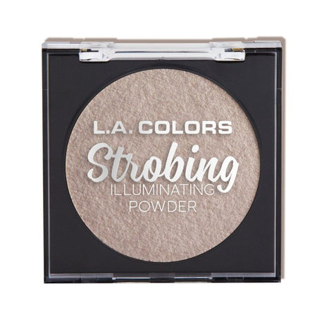 LA Colors Strobing Powder in Morning Light offers a velvety highlighter for a radiant glow, housed in a mirrored compact.
