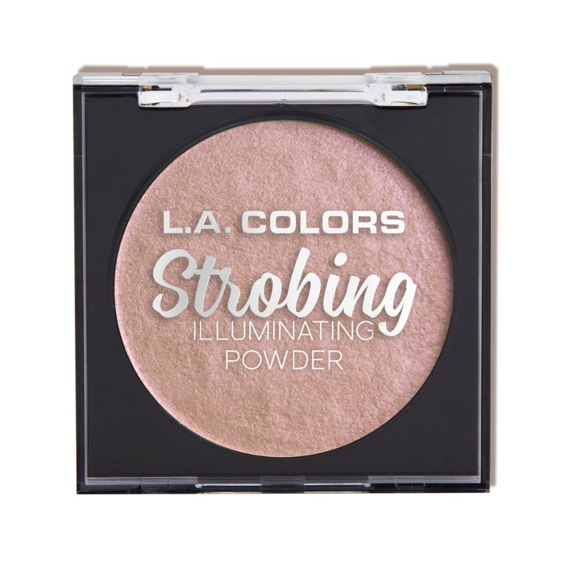 LA Colors Strobing Powder in Flashing Pink, a velvety highlighter for a radiant glow, with a compact and sponge applicator.