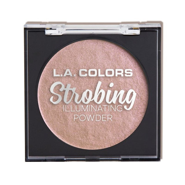 LA Colors Strobing Powder in Flashing Pink, a velvety highlighter for a radiant glow, with a compact and sponge applicator.