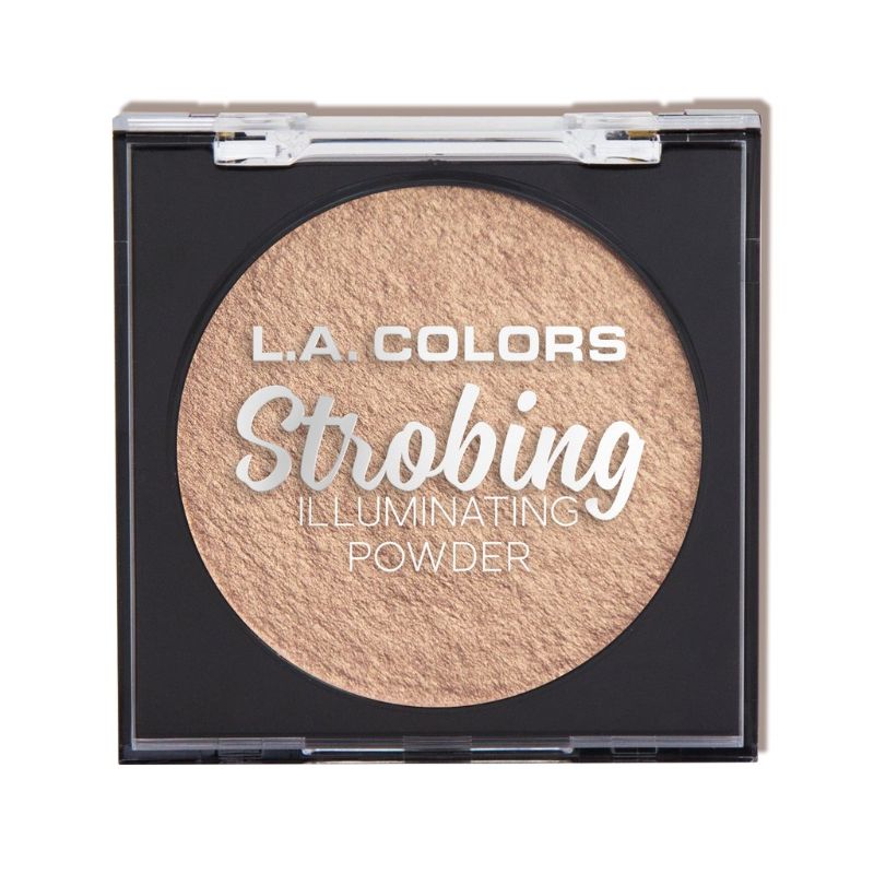 LA Colors Strobing Powder in Gold Halo, a velvety highlighter for a radiant glow, housed in a chic mirrored compact.