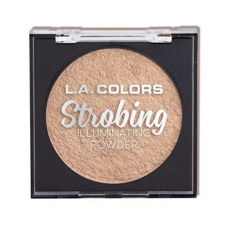 LA Colors Strobing Powder in Gold Halo, a velvety highlighter for a radiant glow, housed in a chic mirrored compact.