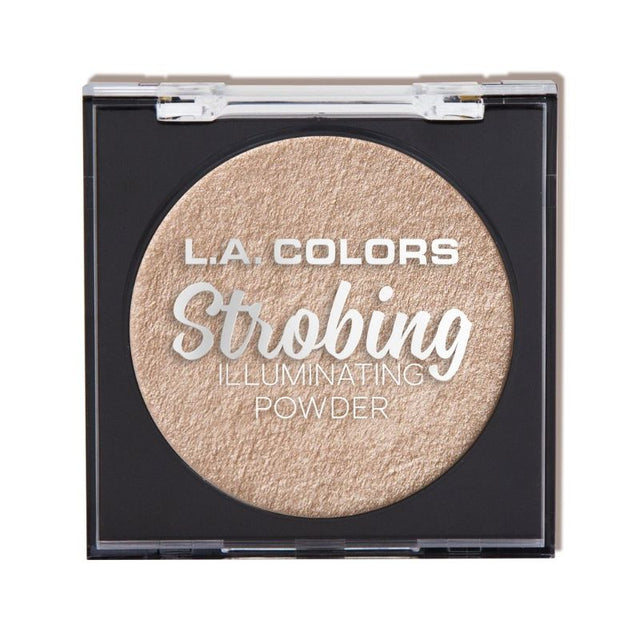 LA Colors Strobing Powder in Champagne enhances your glow with a velvety finish and convenient mirrored compact.