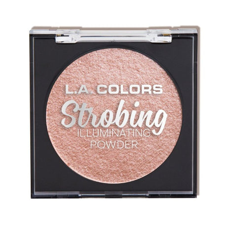 LA Colors Strobing Powder in Brazen Beauty, a velvety baked highlighter for a radiant glow, in a sleek mirrored compact.