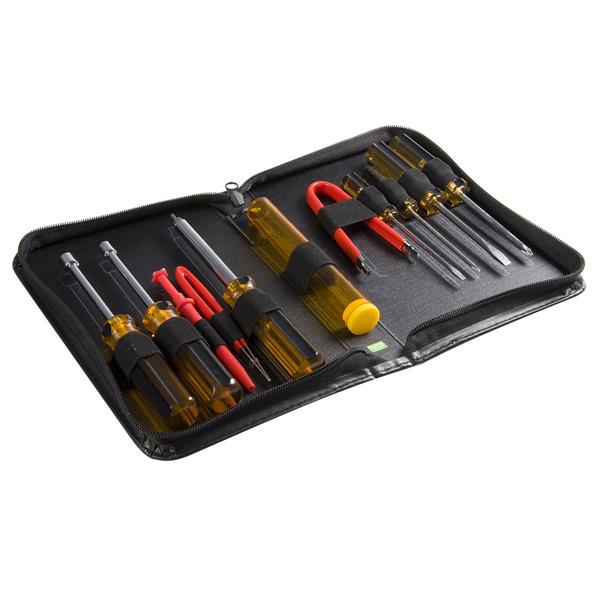 11-piece PC tool kit with carrying case, featuring screwdrivers, anti-static wrist straps, and spudgers for efficient repairs.