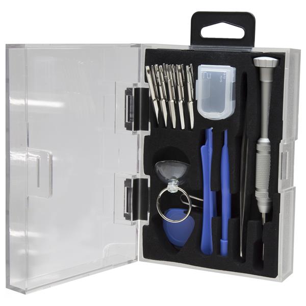 23-piece cell phone repair kit with spudgers, precision screwdriver, tweezers, and storage case for smartphones and tablets.