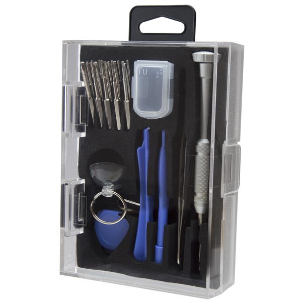 23-piece cell phone repair kit with tools for smartphones, tablets, and laptops, including spudgers and precision screwdrivers.