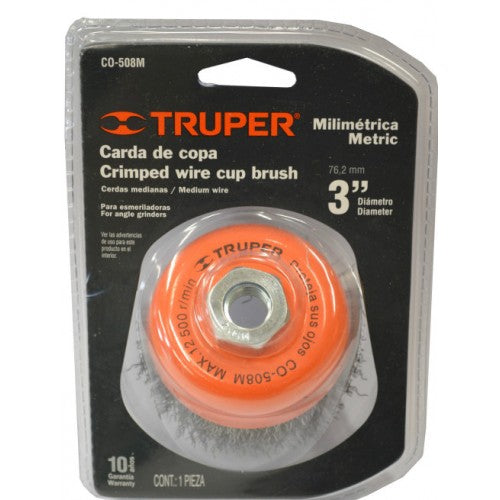 Wire Cup Brush Truper 75mm with M14 Nut, crimped steel for cleaning metal surfaces and weld prep, max 12,500 RPM.