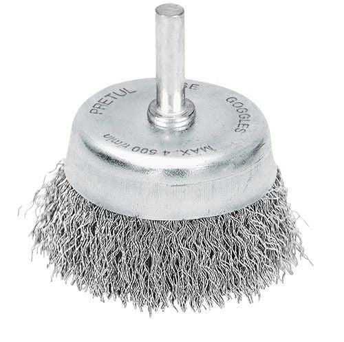 Pretul 65mm wire cup brush with crimped brass wire for rust removal and metal polishing, compatible with electric drills.