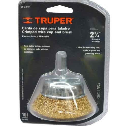 Wire Cup Brush Truper 65mm with crimped brass steel for rust removal and polishing, 6mm shank for drill compatibility.
