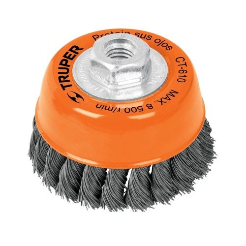 Truper Twisted Wire Cup Brush with M14 Nut, 100mm diameter, ideal for grinding and rust removal.