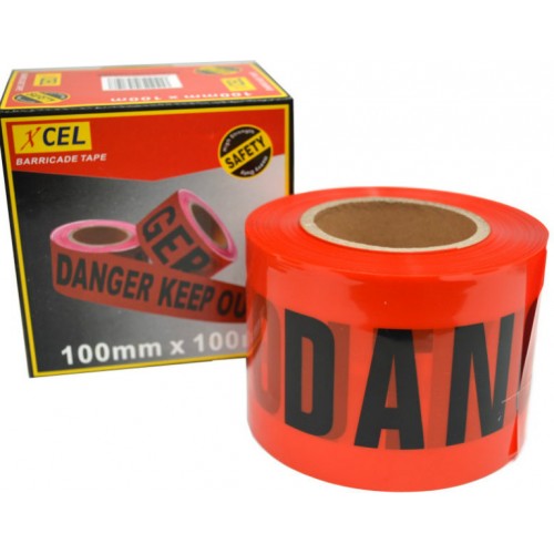 Bright red 'Danger Keep Out' barrier tape, 100mm wide, 100m long, for marking hazardous areas and enhancing safety.