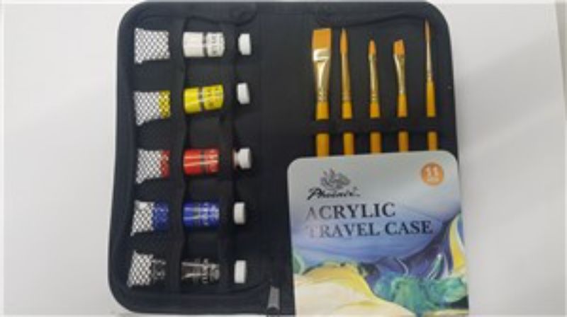 Phoenix Acrylic Travel Set with 5 vibrant 12 ml paint tubes and precision brushes in a compact, stylish case for on-the-go creativity.