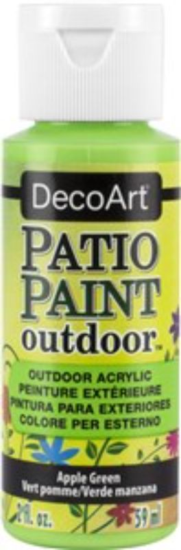 2oz bottle of Apple Green Patio Paint for outdoor projects, ideal for furniture and garden decor with a satin finish.