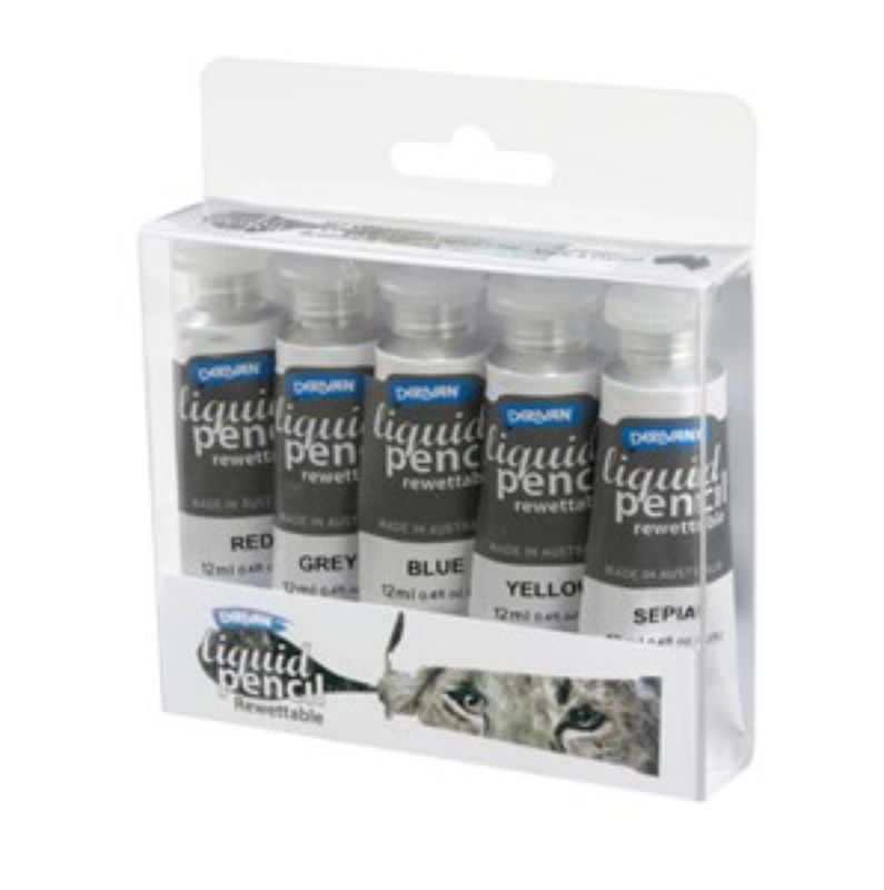 Derivan Liquid Pencil Set with five 12ml tubes, ideal for vibrant art, blendable, water-reactive for creativity.
