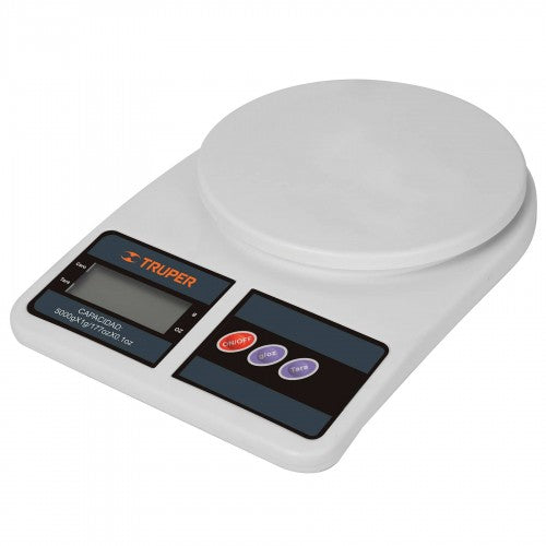 Truper Digital Kitchen Scale, 5kg capacity, LCD display, TARE function, durable design for precise ingredient measurements.