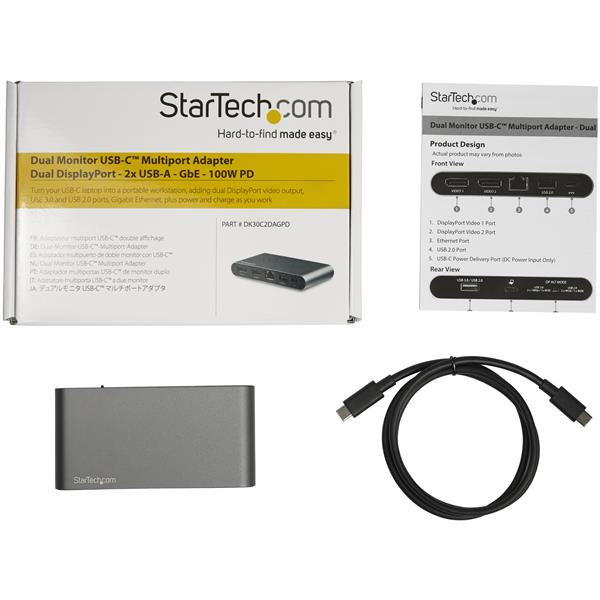 Dual DisplayPort USB-C Docking Station enabling 4K dual monitor setup with 100W power delivery and Gigabit Ethernet for Windows laptops.