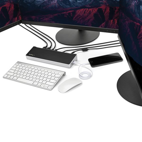USB-C docking station with 4K triple monitor support, 100W Power Delivery, HDMI, and DisplayPort for enhanced productivity.