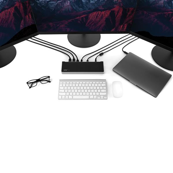 USB-C docking station with 4K triple monitor support, 100W Power Delivery, and multiple USB ports for enhanced productivity.