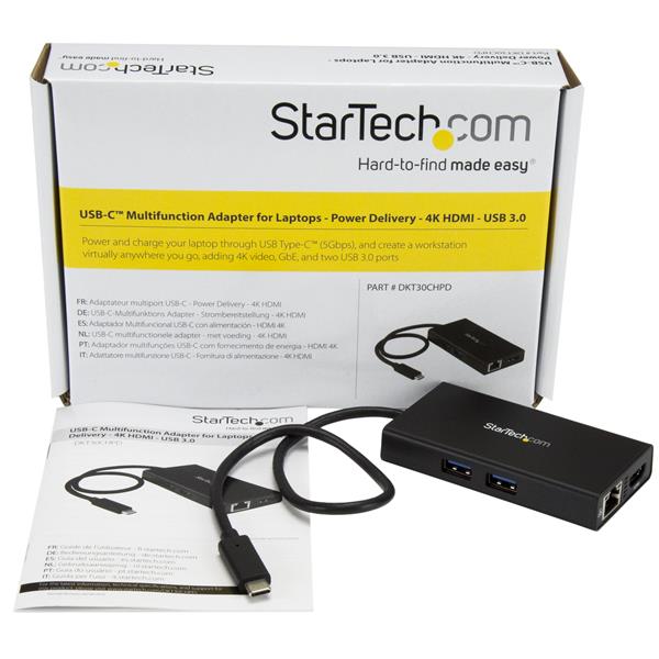 USB-C multiport adapter with 4K HDMI, Power Delivery, Gigabit Ethernet, and USB 3.0 ports for enhanced connectivity.