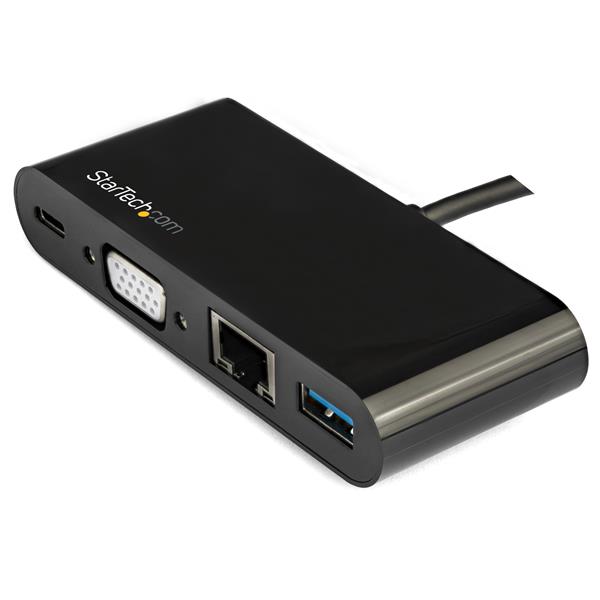 USB-C VGA adapter with 60W Power Delivery, USB 3.0 port, and Gigabit Ethernet for laptops and tablets.