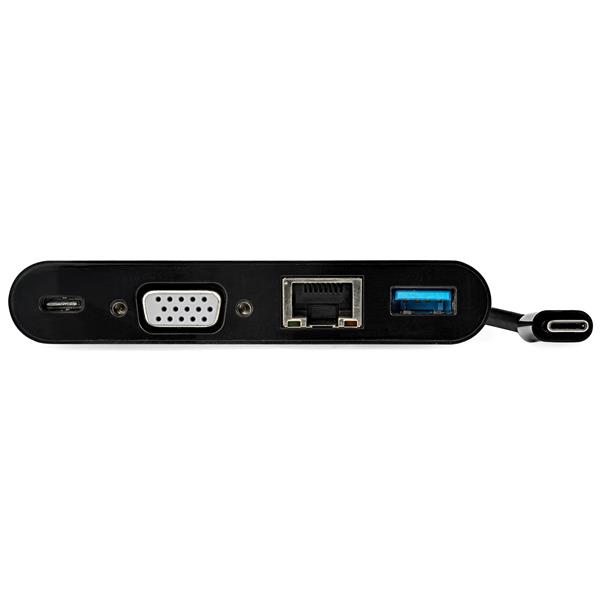 USB-C VGA multiport adapter with Power Delivery for seamless connectivity to VGA monitors, USB 3.0, and Gigabit Ethernet.