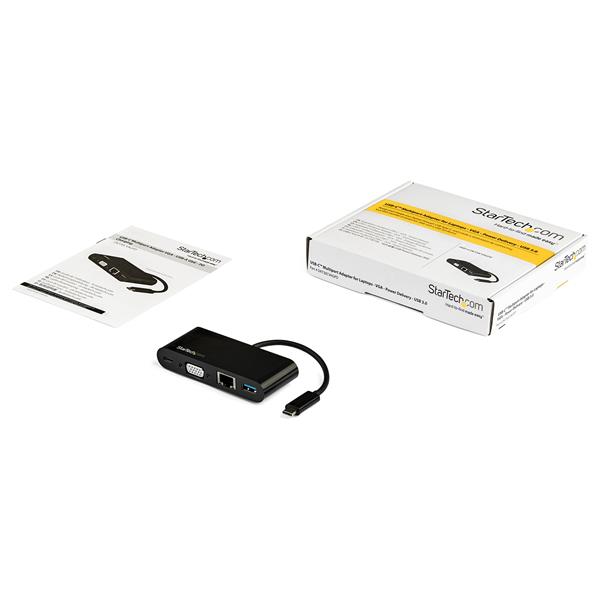USB-C VGA Multiport Adapter with 60W Power Delivery and Ethernet, enabling seamless connections for laptops and tablets.