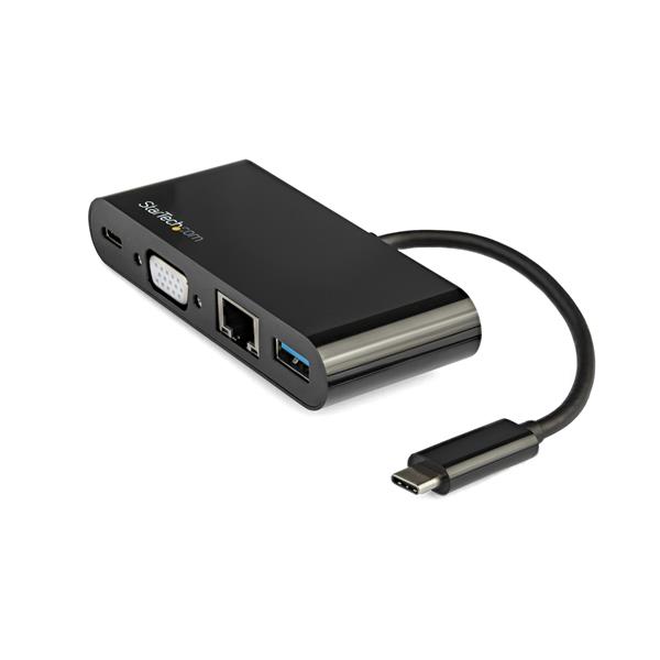 USB-C VGA Multiport Adapter expands connectivity with USB 3.0, Gigabit Ethernet, and 60W Power Delivery for laptops and tablets.