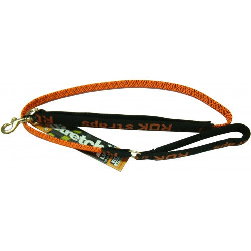 Durable Rokstrap dog lead in orange and black, designed for medium dogs 18-36kg with shock absorption and strong snap hook.
