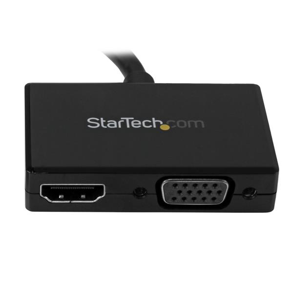 Compact 2-in-1 DisplayPort to HDMI & VGA adapter for seamless laptop connectivity in boardrooms and classrooms.