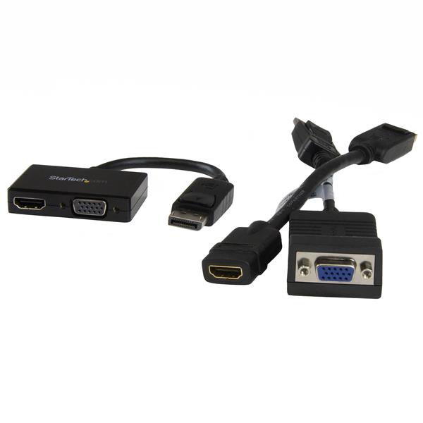 Compact 2-in-1 DisplayPort to HDMI & VGA adapter for seamless connections and high-resolution video presentations on the go.